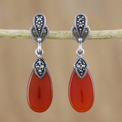 Onyx and marcasite dangle earrings, Victorian Fire