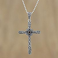 Onyx and marcasite pendant necklace, 'Victorian Cross' - Cross Pendant Necklace with Marcasite and Onyx