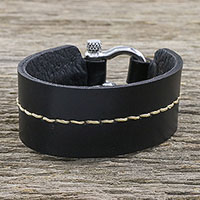 Leather wristband bracelet, 'Determined Spirit' - Thai Handmade Tan and Black Leather Wristband Bracelet