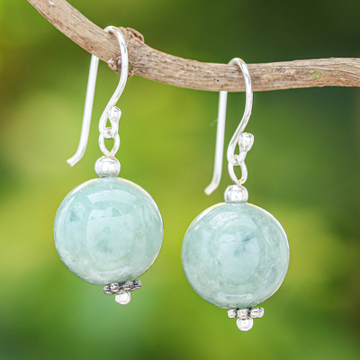 Jade dangle earrings, 'Touch of Jade' - Jade Bead and Sterling Silver Dangle Earrings from Thailand