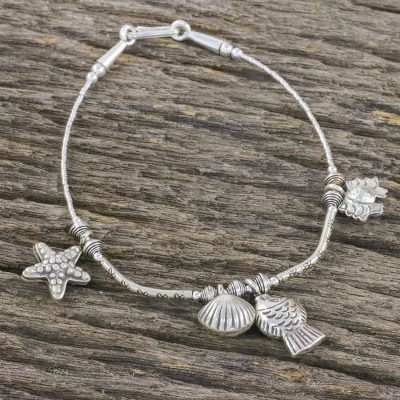 Silver beaded charm bracelet, She Sells Sea Shells
