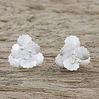 Sterling silver button earrings, 'Petite Blossoms' - Floral Sterling Silver Button Earrings from Thailand