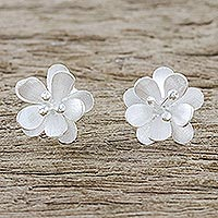 Sterling silver button earrings, 'Fantastic Blossoms' - Flower-Shaped Sterling Silver Button Earrings from Thailand