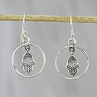 Sterling silver dangle earrings, 'Hamsa Circles' - Circular Hamsa Sterling Silver Dangle Earrings from Thailand