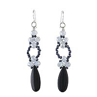 Beaded dangle earrings, 'Exciting Adventure in Black' - Black Calcite and Glass Dangle Earrings from Thailand