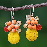 Calcite cluster earrings, 'Yellow Holiday Dreams' - Yellow Calcite Handcrafted Modern Thai Cluster Earrings
