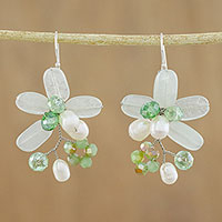 Quartz and cultured pearl dangle earrings, 'Elegant Flora in Green' - Green Quartz and Pearl Dangle Earrings from Thailand