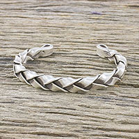 Sterling silver cuff bracelet, 'Braid of Ribbons' - Handmade Sterling Silver Thai Hill Tribe Cuff Bracelet