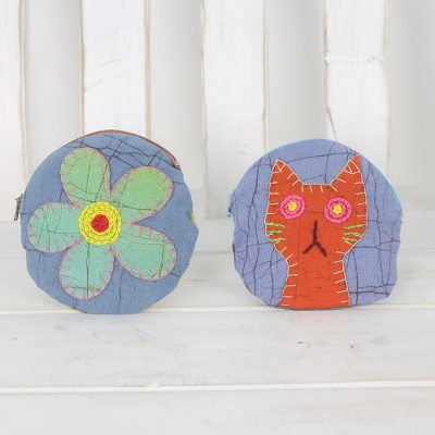 Cotton batik coin purses, Floral Cat (pair)