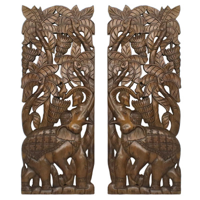 Teakwood relief panel, Elephant and Banana (pair)