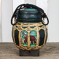 Ceramic decorative jar, 'Lanna Elephant' - Handmade Green Elephant Decorative Jar from Thailand