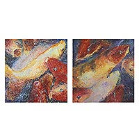 'Happy Fancy Carp I' (diptych) - Signed Impressionist Koi Paintings in Jewel Colors (Diptych)