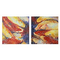'Happy Fancy Carp IV' (diptych) - Original Acrylic on Canvas Set of Two Koi Fish Paintings