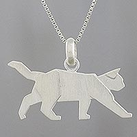 Sterling silver pendant necklace, 'Slow Prowl' - Handmade 925 Sterling Silver Prowling Cat Pendant Necklace