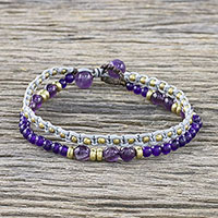 Amethyst and dyed quartz beaded bracelet, 'Evermore' - Amethyst and Purple Quartz Beaded Macrame Bracelet