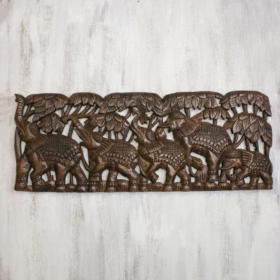 Teak wood relief panel, Five Elephants