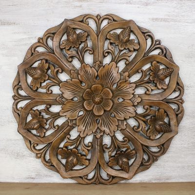 Teakwood relief panel, Charming Lotus