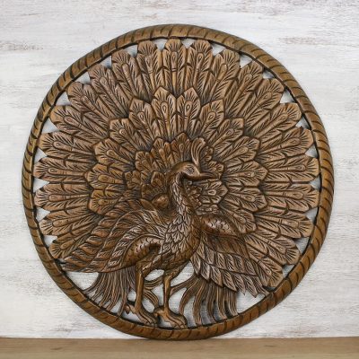 Teakwood relief panel, Great Peacock
