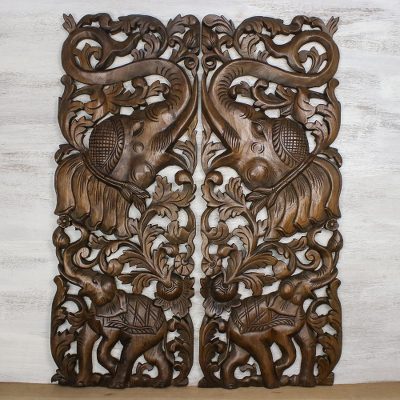 Teakwood wall relief panels, Trumpeting Elephants (pair)