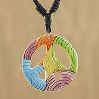 Ceramic pendant necklace, 'Colorful Peace' - Thai Handcrafted Ceramic Peace Sign Pendant Necklace