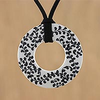 Ceramic pendant necklace, 'Fern Scrolls' - Ceramic Handmade Black and White Floral Pendant Necklace