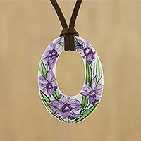 Ceramic pendant necklace, 'Lush Lilac' - Ceramic Thai Handmade Lilac Floral Pendant Necklace