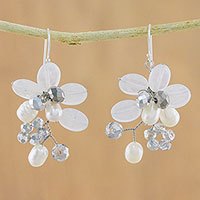 Cultured pearl and quartz cluster earrings,