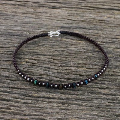 Silver beaded macrame anklet, 'Classic Charm' - Thai Karen Silver and Recon Turquoise Beaded Cord Anklet