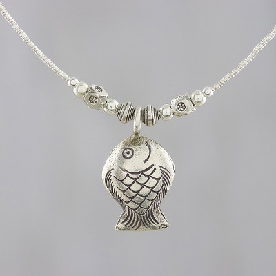 Silver pendant necklace, Shimmery Fish