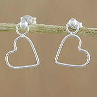 Sterling silver dangle earrings, 'Elegant Heart' - 925 Sterling Silver Heart Shaped Frame Earrings