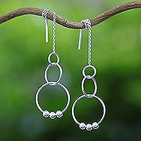 Sterling silver threader earrings, 'Cascading Circles' - Sterling Silver Cascading Circles Threader Earrings