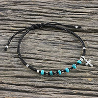 Silver beaded macrame bracelet, 'Sweet Faith' - 950 Silver Reconstituted Turquoise Macrame Cross Bracelet
