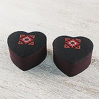 Silk and cotton jewelry boxes, 'Heart of Thailand' (pair) - Two Thai Cotton and Silk Heart Shaped Jewelry Boxes