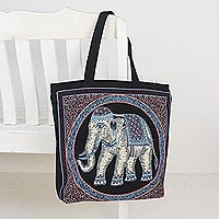 Cotton shoulder bag, 'Spring Elephant' - Embroidered Spring Thai Elephant Cotton Shoulder Handbag