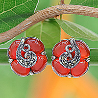 Onyx button earrings, 'Orange Clover' - Sterling Silver Marcasite and Orange Onyx Clover Earrings