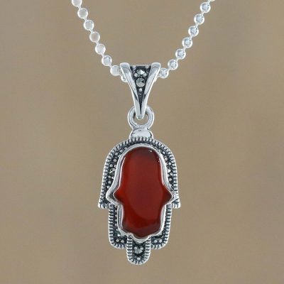 Onyx and marcasite pendant necklace, Hamsa Harmony