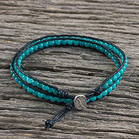 Quartz beaded wrap bracelet, 'Sea Window' - Karen Silver Leaf Aqua Blue Quartz Beaded Wrap Bracelet