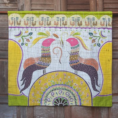 Cotton batik wall hanging, Amorous Chickens