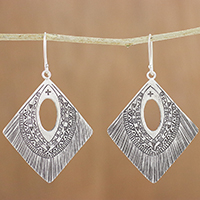 Silver dangle earrings, 'Karen Symbols' - Diamond-Shaped Silver Dangle Earrings from Thailand