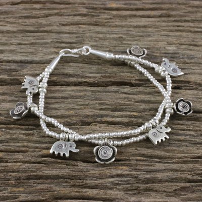 Silver beaded charm bracelet, Elephant Flowers
