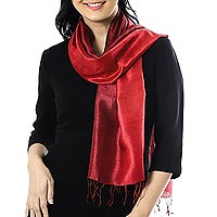 Tie-dyed silk scarf, 'Ruby Love' - Ruby Red Tie-Dyed Handwoven Silk Scarf with Fringe