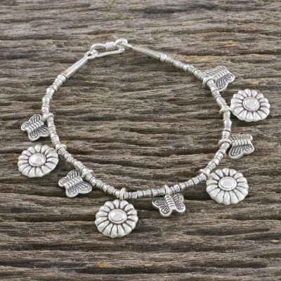 Silver beaded charm bracelet, Garden Pair