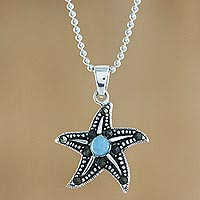 Larimar pendant necklace, 'Starfish at Night' - Larimar Marcasite Starfish Sterling Silver Pendant Necklace