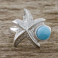 Larimar cocktail ring, 'Seaside Starfish' - Larimar and Textured Sterling Silver Starfish Cocktail Ring