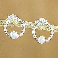 Cultured pearl button earrings,