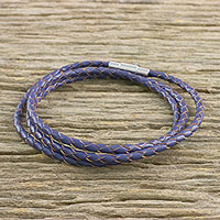 Leather wrap bracelet, 'Blue Charm' (23 inch) - Leather Wrap Bracelet in Blue (23 in.) from Thailand