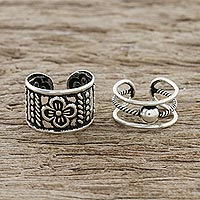 Sterling silver ear cuffs, 'Cool Charm' - Floral and Rope Motif Sterling Silver Ear Cuffs