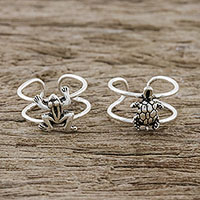Sterling silver ear cuffs, 'Frog and Turtle' - Frog and Turtle Sterling Silver Ear Cuffs from Thailand