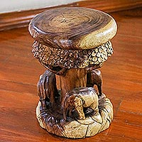 Wood stool, 'Around the Tree' - Wood Stool of Elephants Around a Tree from Thailand