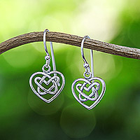 Sterling silver dangle earrings, 'Knotted Hearts' - Sterling Silver Celtic Knot Heart Earrings from Thailand
